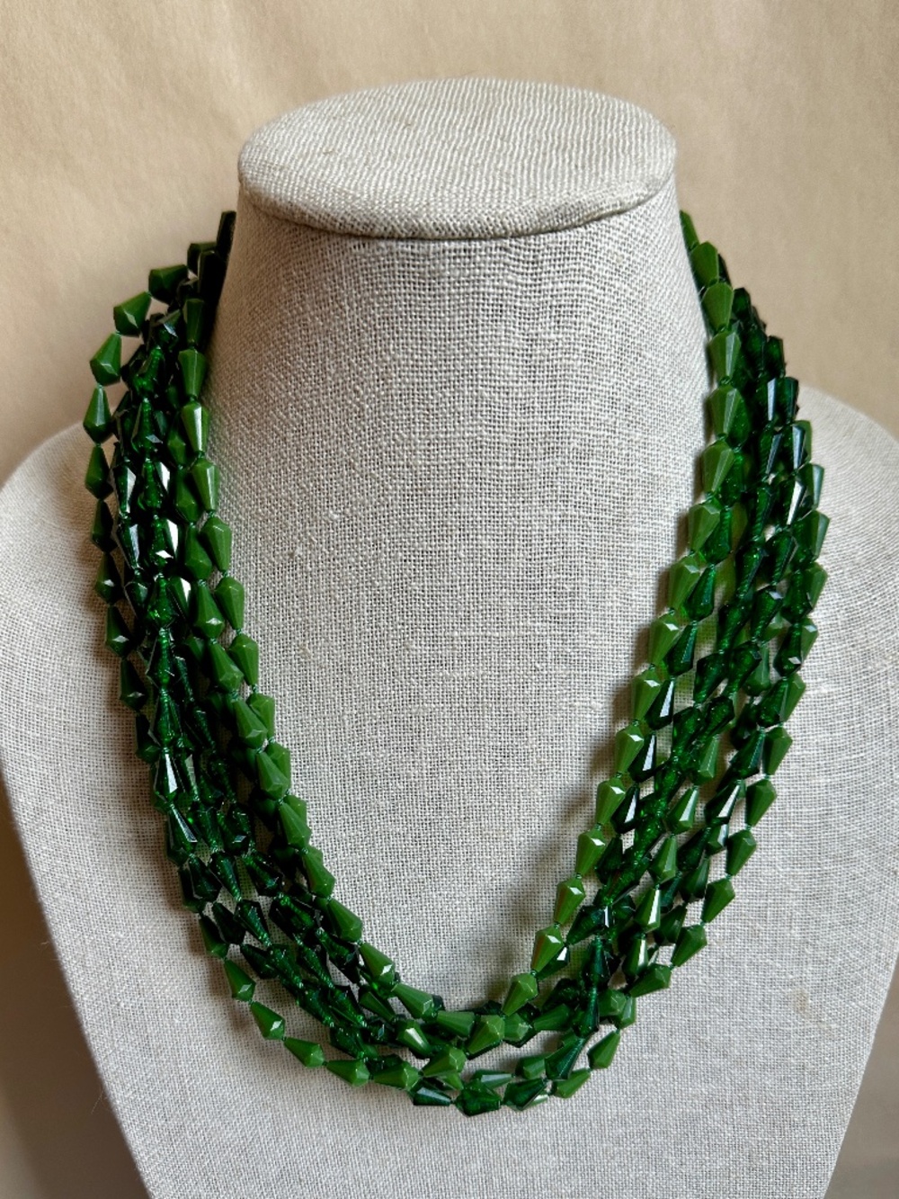 Vintage 8 Strand Green Faceted Bead Necklace Faux Jade